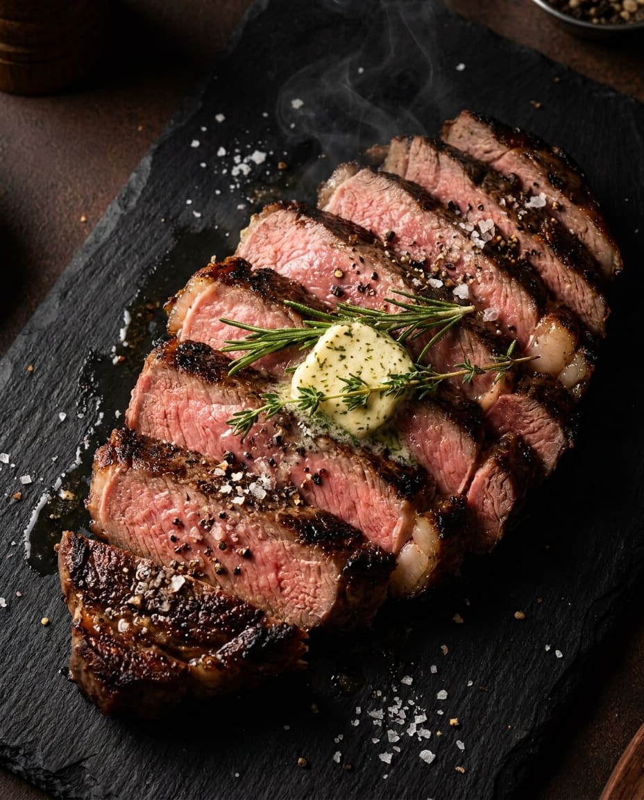 A rested steak sliced into thick medium-rare pieces with herb butter melting on top.